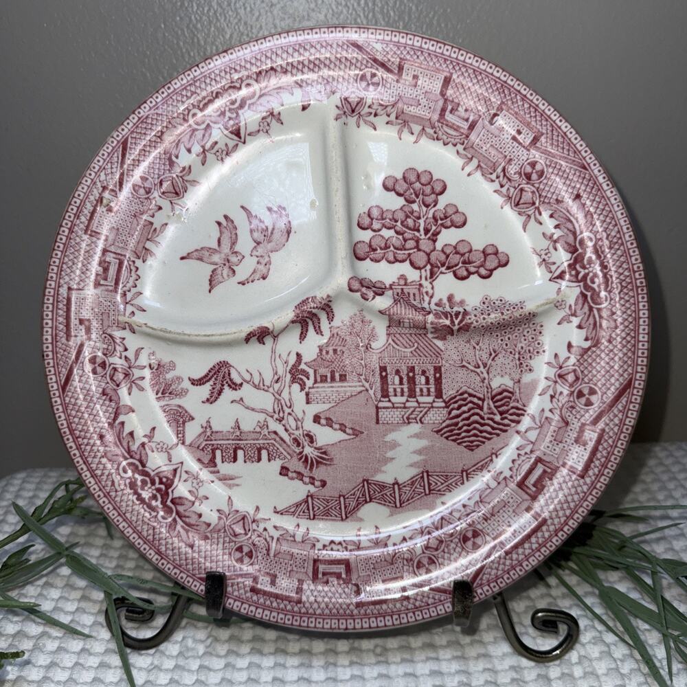 Vintage pink Rosa red Willow divided dinner plate outdoor scene birds, USA